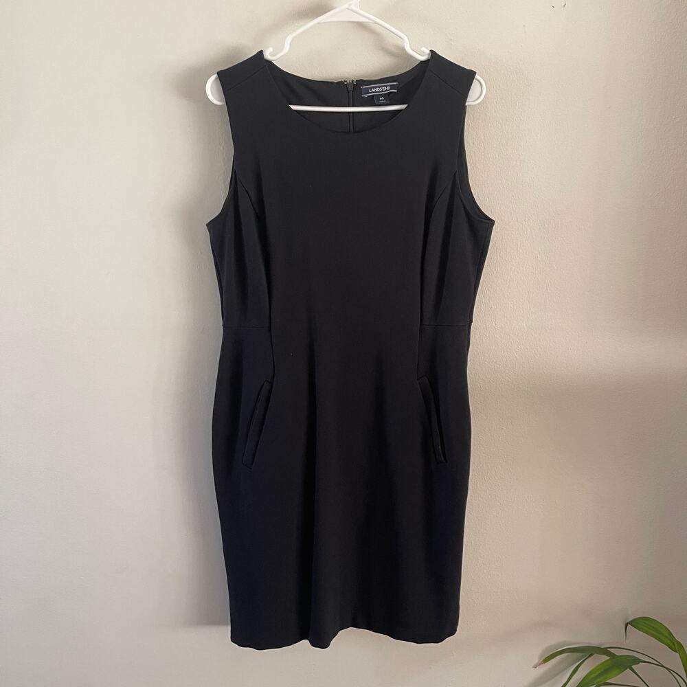 Lands End Womens 14 Black Sleeveless Ponte Knit Sheath Dress Pockets LBD